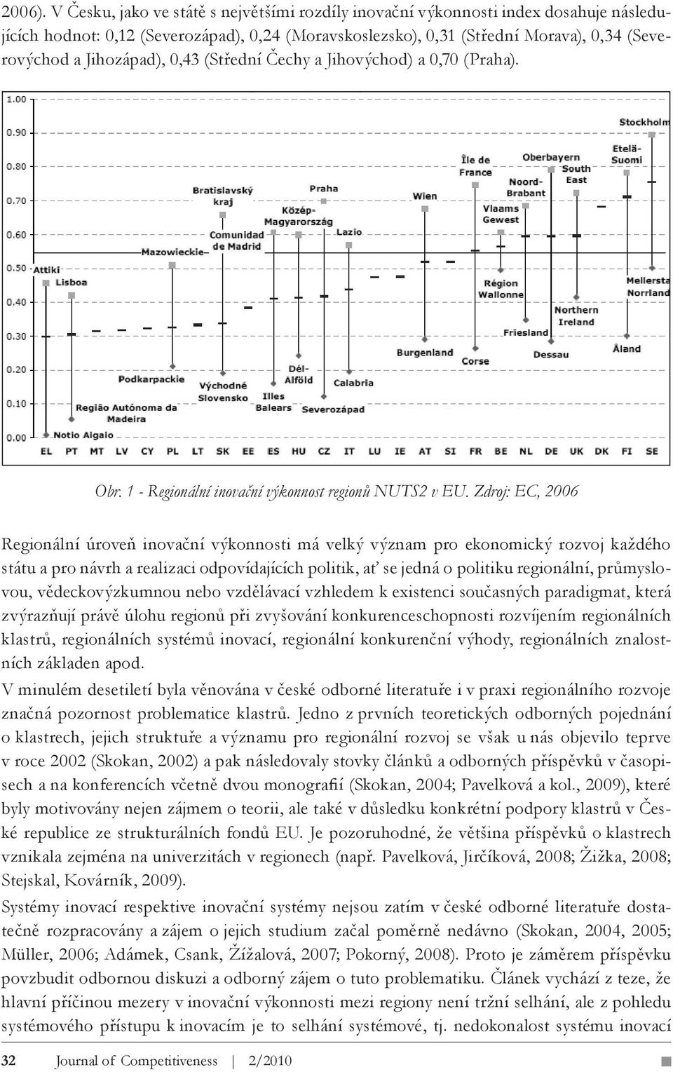 Jihozápad), 0,43 (Střední Čechy a Jihovýchod) a 0,70 (Praha). Obr. 1 - Regionální inovační výkonnost regionů NUTS2 v EU.