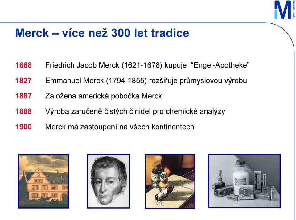 průmyslovou výrobu 1887 Založena americká pobočka Merck 1888 Výroba