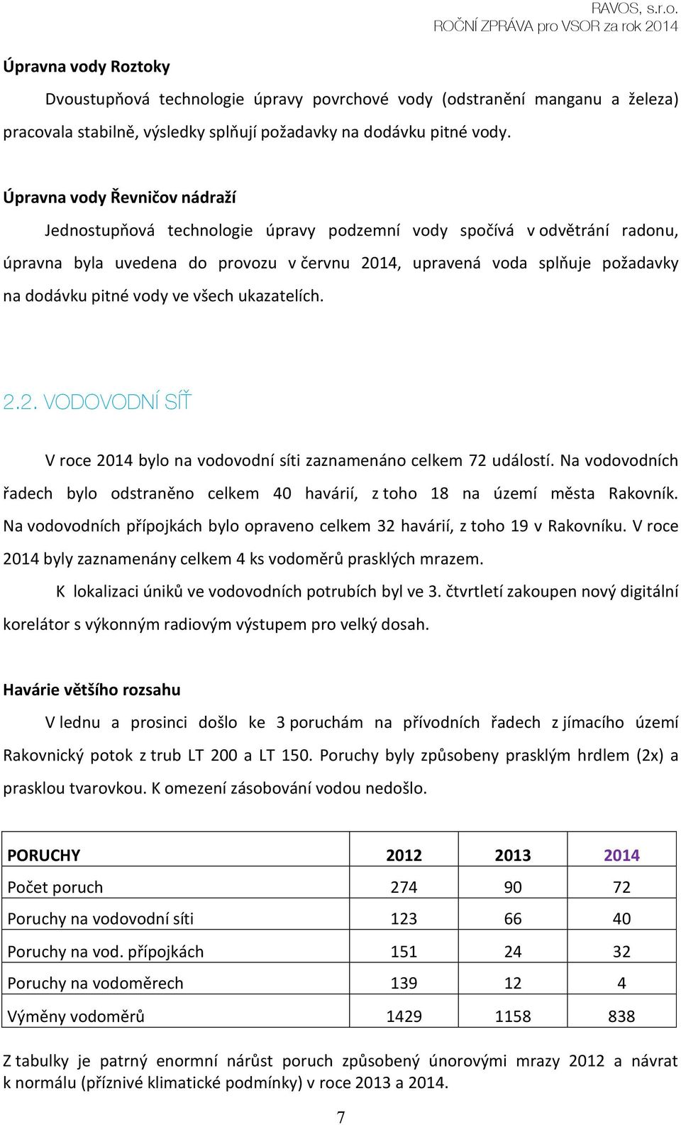 pitné vody ve všech ukazatelích. 2.2. VODOVODNÍ SÍŤ V roce 2014 bylo na vodovodní síti zaznamenáno celkem 72 událostí.