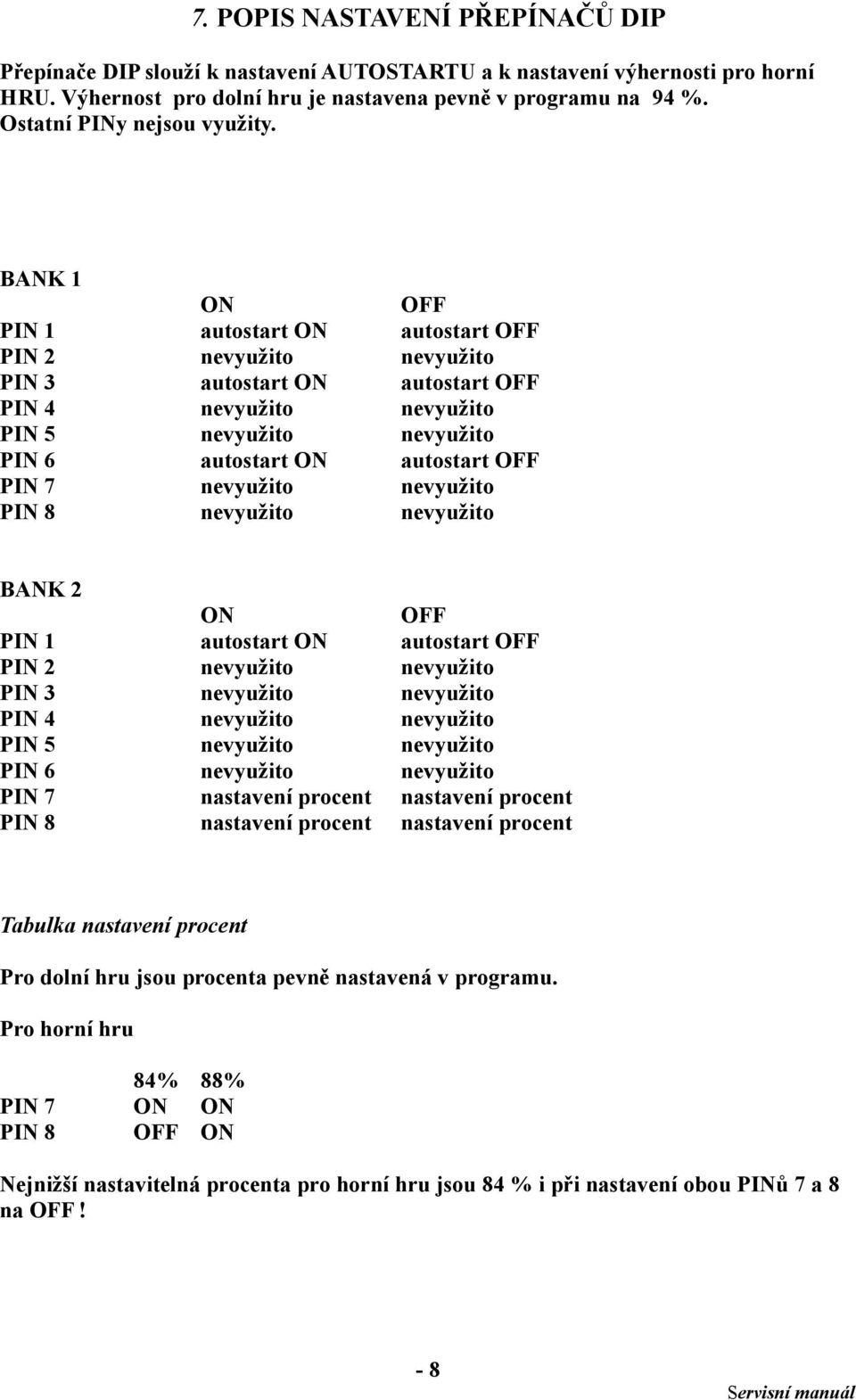BANK 1 ON OFF PIN 1 autostart ON autostart OFF PIN 2 nevyužito nevyužito PIN 3 autostart ON autostart OFF PIN 4 nevyužito nevyužito PIN 5 nevyužito nevyužito PIN 6 autostart ON autostart OFF PIN 7