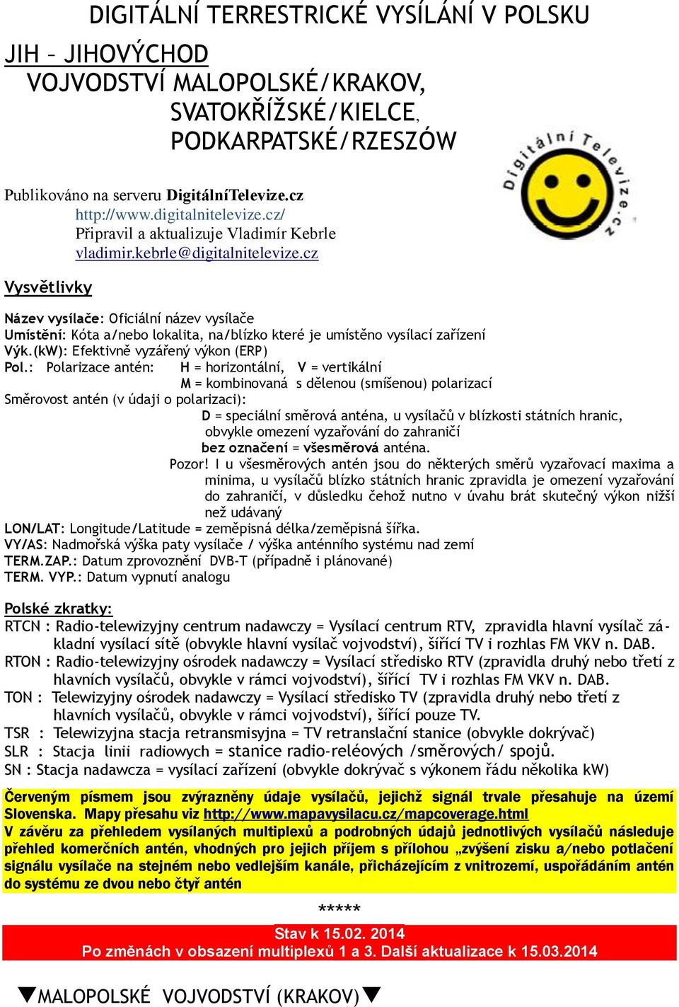 cz Vysvětlivky Název vysílače: Oficiální název vysílače Umístění: Kóta a/nebo lokalita, na/blízko které je umístěno vysílací zařízení Výk.(kW): Efektivně vyzářený výkon (ERP) Pol.