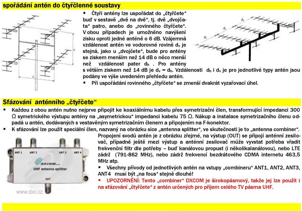 Vzájemná vzdálenost antén ve vodorovné rovině dv je stejná, jako u dvojčete, bude pro antény se ziskem menším než 14 db o něco menší než vzdálenost pater dh.