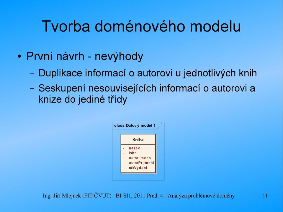 třídy class Datový model 1 Kniha - nazev - isbn - autorjm eno - autorprijm eni -