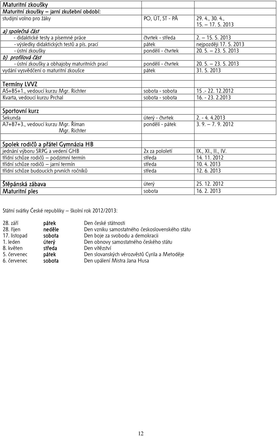 5. 2013 Termíny LVVZ A5+B5+1., vedoucí kurzu Mgr. Richter sobota sobota 15. 22. 12.2012 Kvarta, vedoucí kurzu Prchal sobota sobota 16. 23. 2.2013 Sportovní kurz Sekunda úterý čtvrtek 2. 4.