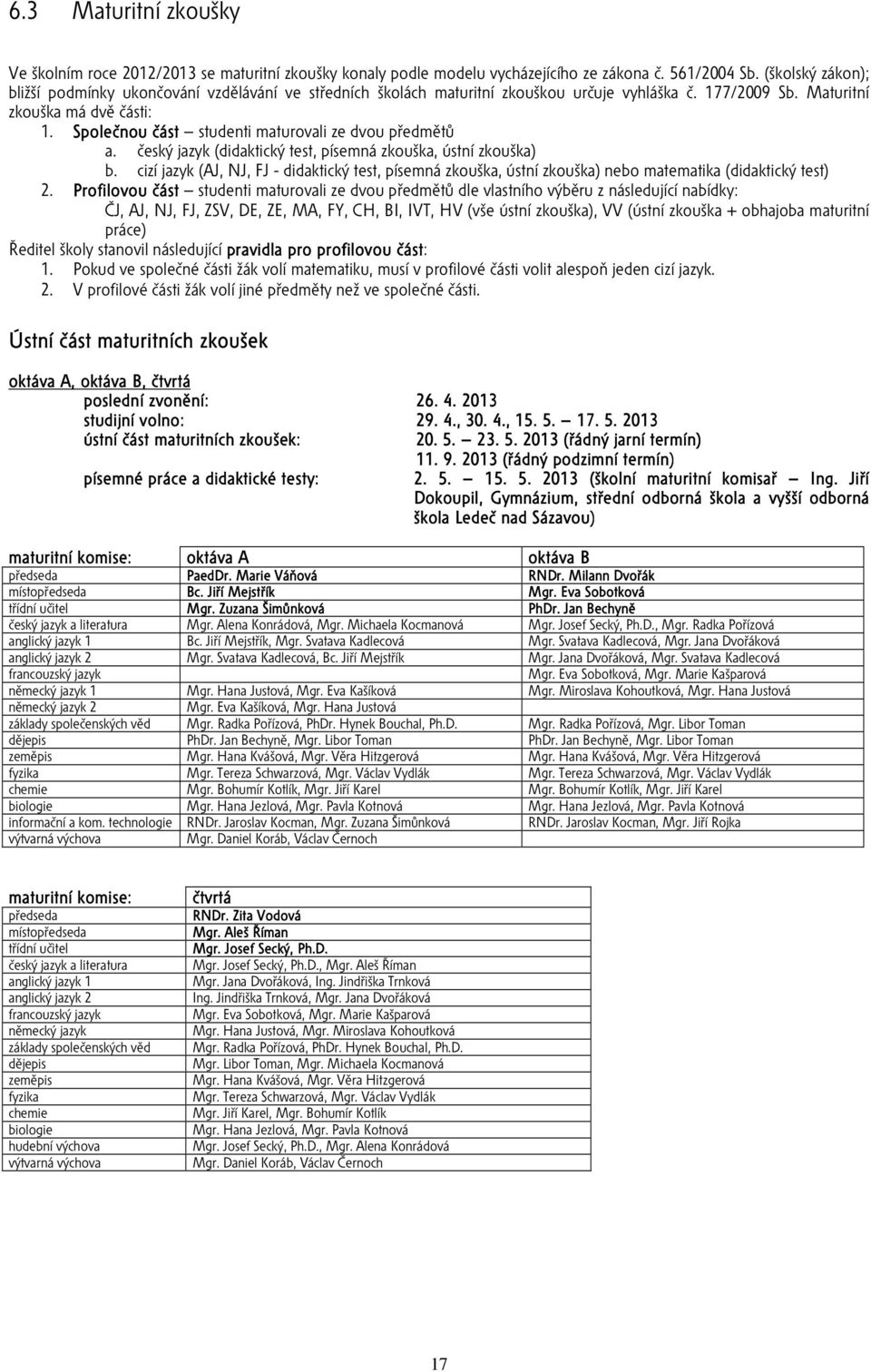 Společnou část studenti maturovali ze dvou předmětů a. český jazyk (didaktický test, písemná zkouška, ústní zkouška) b.