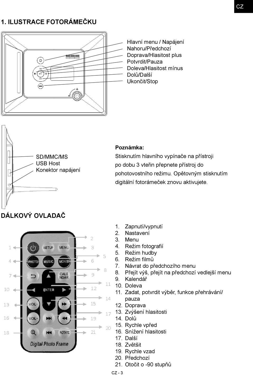 Zapnutí/vypnutí 2. Nastavení 3. Menu 4. Režim fotografií 5. Režim hudby 6. Režim filmů 7. Návrat do předchozího menu 8. Přejít výš, přejít na předchozí vedlejší menu 9. Kalendář 10. Doleva 11.