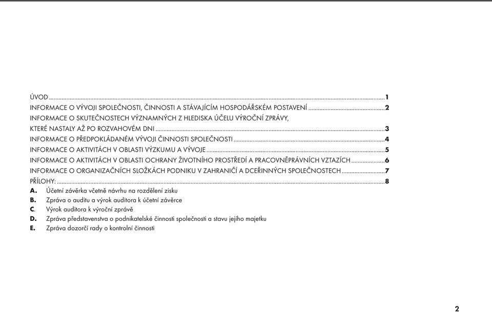 ..5 INFORMACE O AKTIVITÁCH V OBLASTI OCHRANY ŽIVOTNÍHO PROSTŘEDÍ A PRACOVNĚPRÁVNÍCH VZTAZÍCH...6 INFORMACE O ORGANIZAČNÍCH SLOŽKÁCH PODNIKU V ZAHRANIČÍ A DCEŘINNÝCH SPOLEČNOSTECH...7 PŘÍLOHY:.