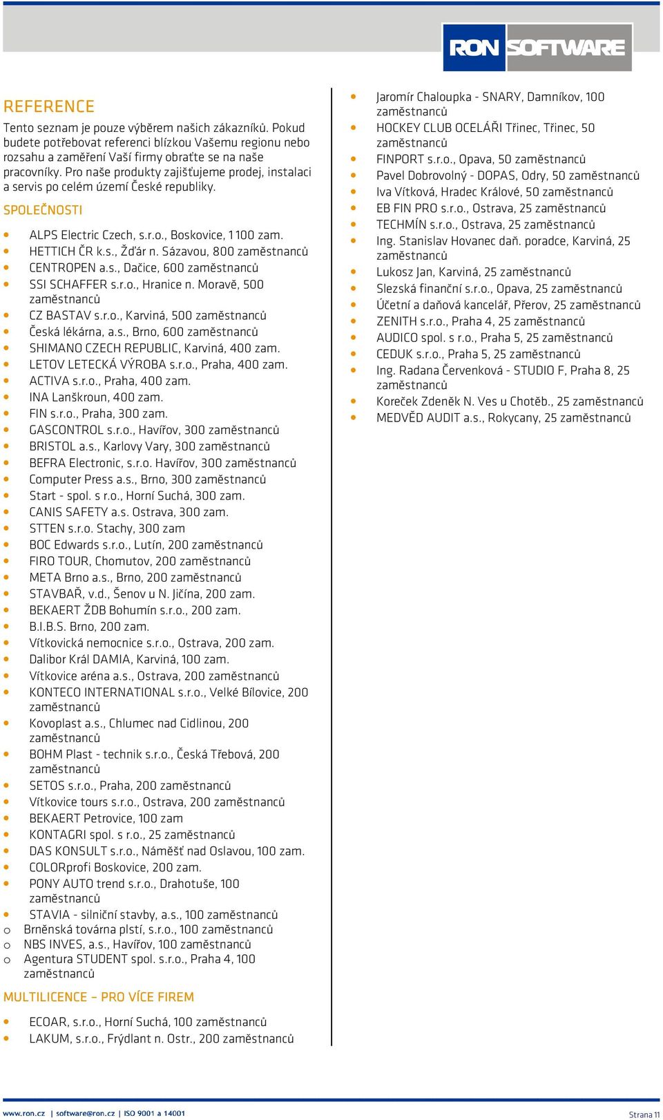 Sázavou, 800 CENTROPEN a.s., Dačice, 600 SSI SCHAFFER s.r.o., Hranice n. Moravě, 500 CZ BASTAV s.r.o., Karviná, 500 Česká lékárna, a.s., Brno, 600 SHIMANO CZECH REPUBLIC, Karviná, 400 zam.