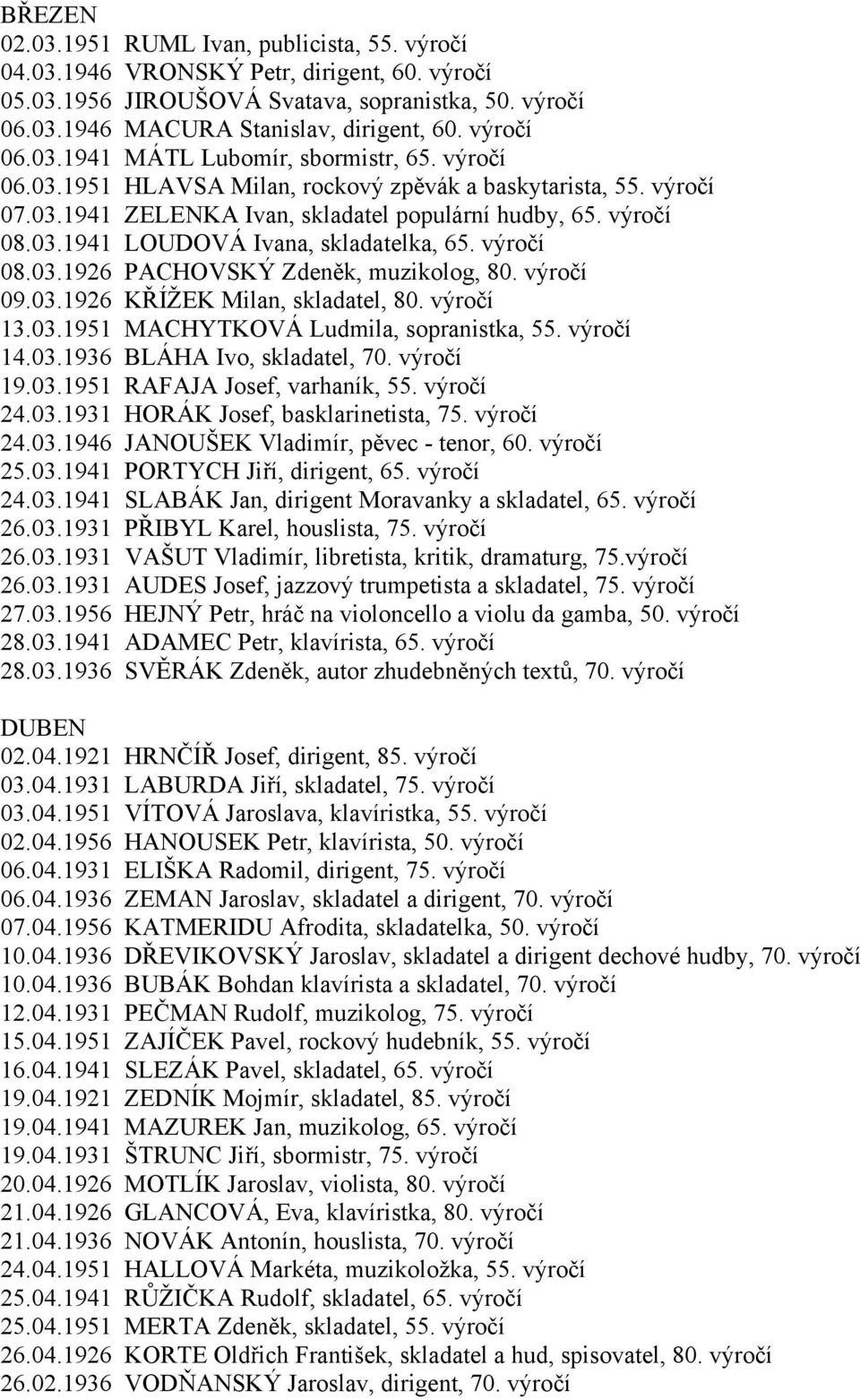 výročí 08.03.1926 PACHOVSKÝ Zdeněk, muzikolog, 80. výročí 09.03.1926 KŘÍŽEK Milan, skladatel, 80. výročí 13.03.1951 MACHYTKOVÁ Ludmila, sopranistka, 55. výročí 14.03.1936 BLÁHA Ivo, skladatel, 70.