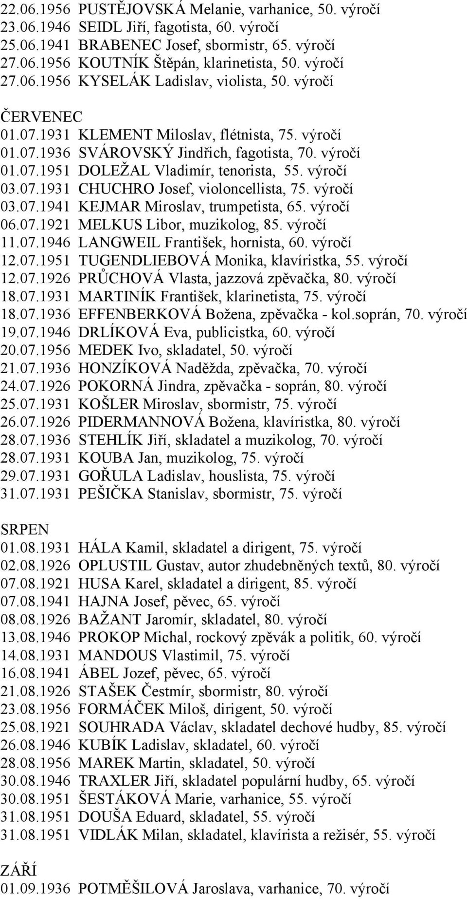 výročí 03.07.1931 CHUCHRO Josef, violoncellista, 75. výročí 03.07.1941 KEJMAR Miroslav, trumpetista, 65. výročí 06.07.1921 MELKUS Libor, muzikolog, 85. výročí 11.07.1946 LANGWEIL František, hornista, 60.