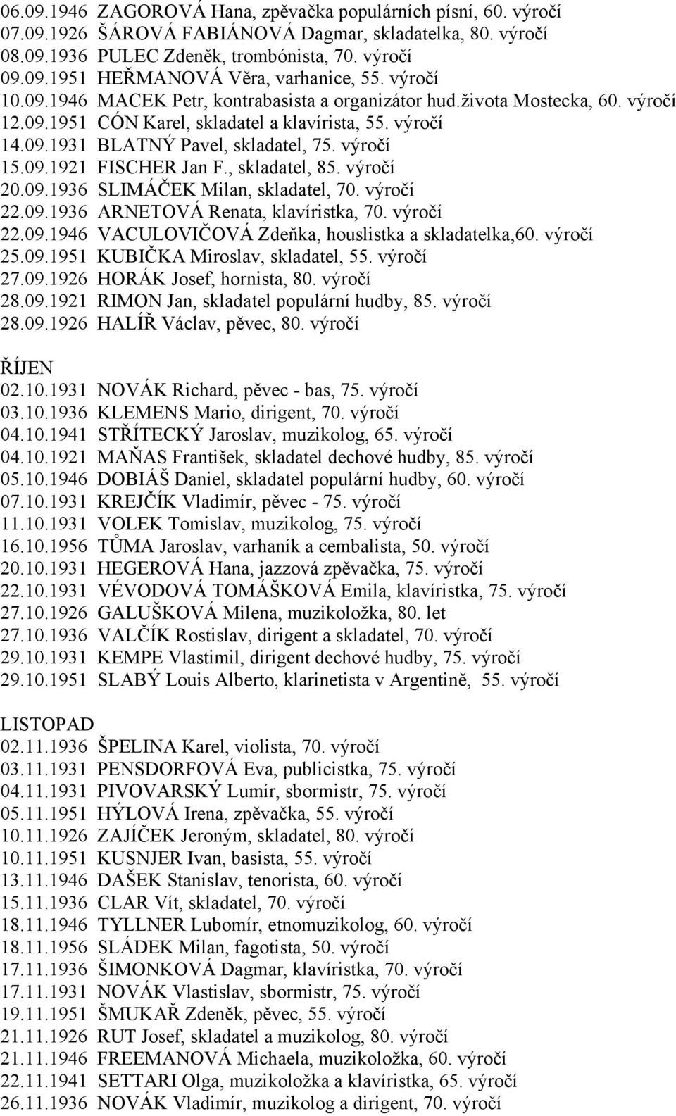 , skladatel, 85. výročí 20.09.1936 SLIMÁČEK Milan, skladatel, 70. výročí 22.09.1936 ARNETOVÁ Renata, klavíristka, 70. výročí 22.09.1946 VACULOVIČOVÁ Zdeňka, houslistka a skladatelka,60. výročí 25.09.1951 KUBIČKA Miroslav, skladatel, 55.