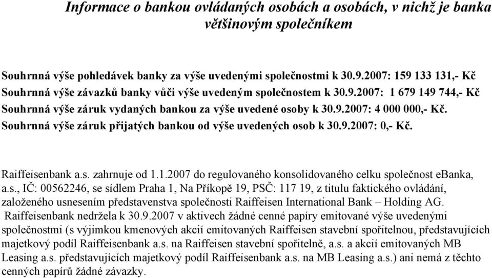 Souhrnná výše záruk přijatých bankou od výše uvedených oso