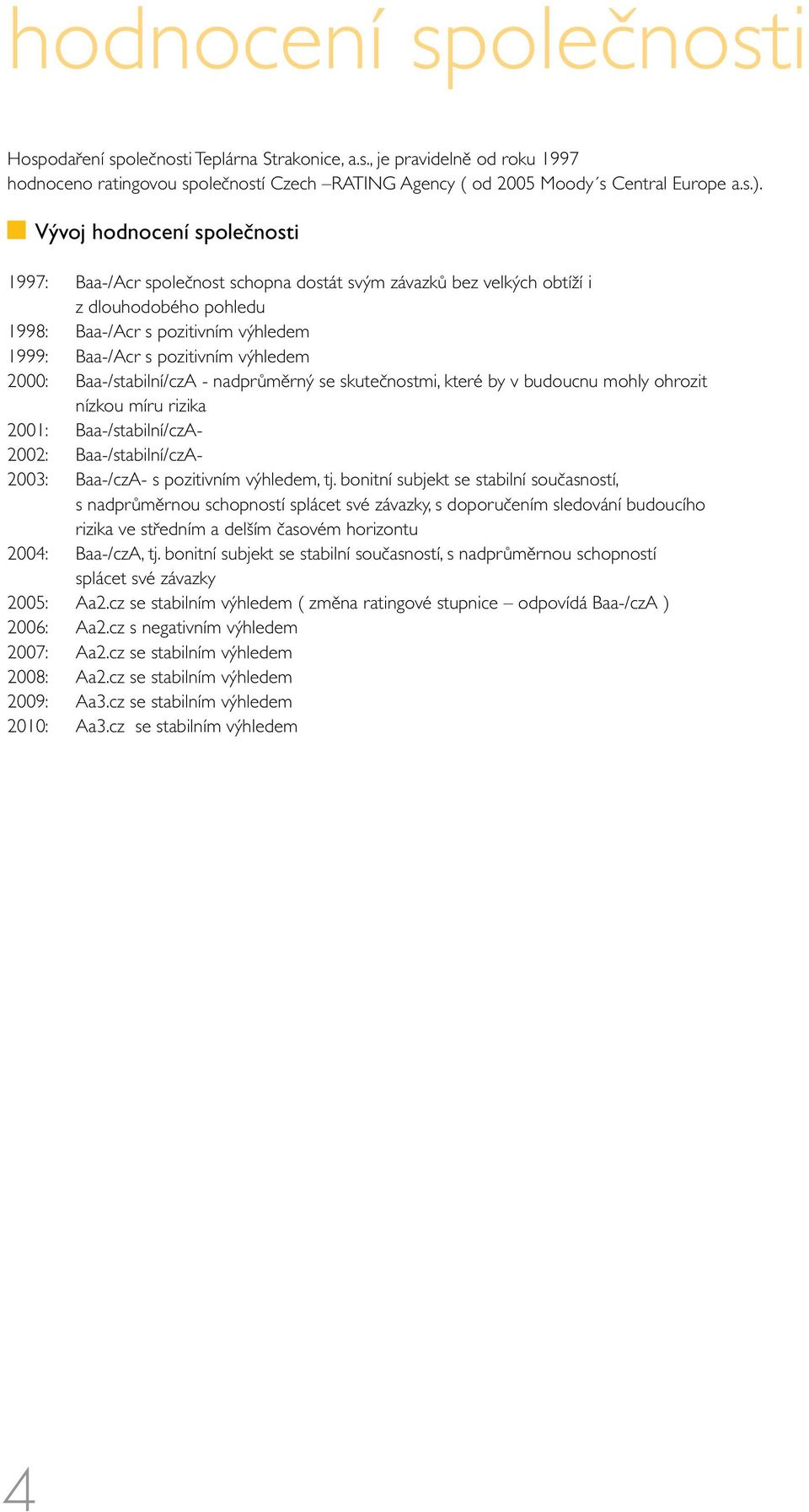 2000: Baa-/stabilní/czA - nadprůměrný se skutečnostmi, které by v budoucnu mohly ohrozit nízkou míru rizika 2001: Baa-/stabilní/czA- 2002: Baa-/stabilní/czA- 2003: Baa-/czA- s pozitivním výhledem, tj.