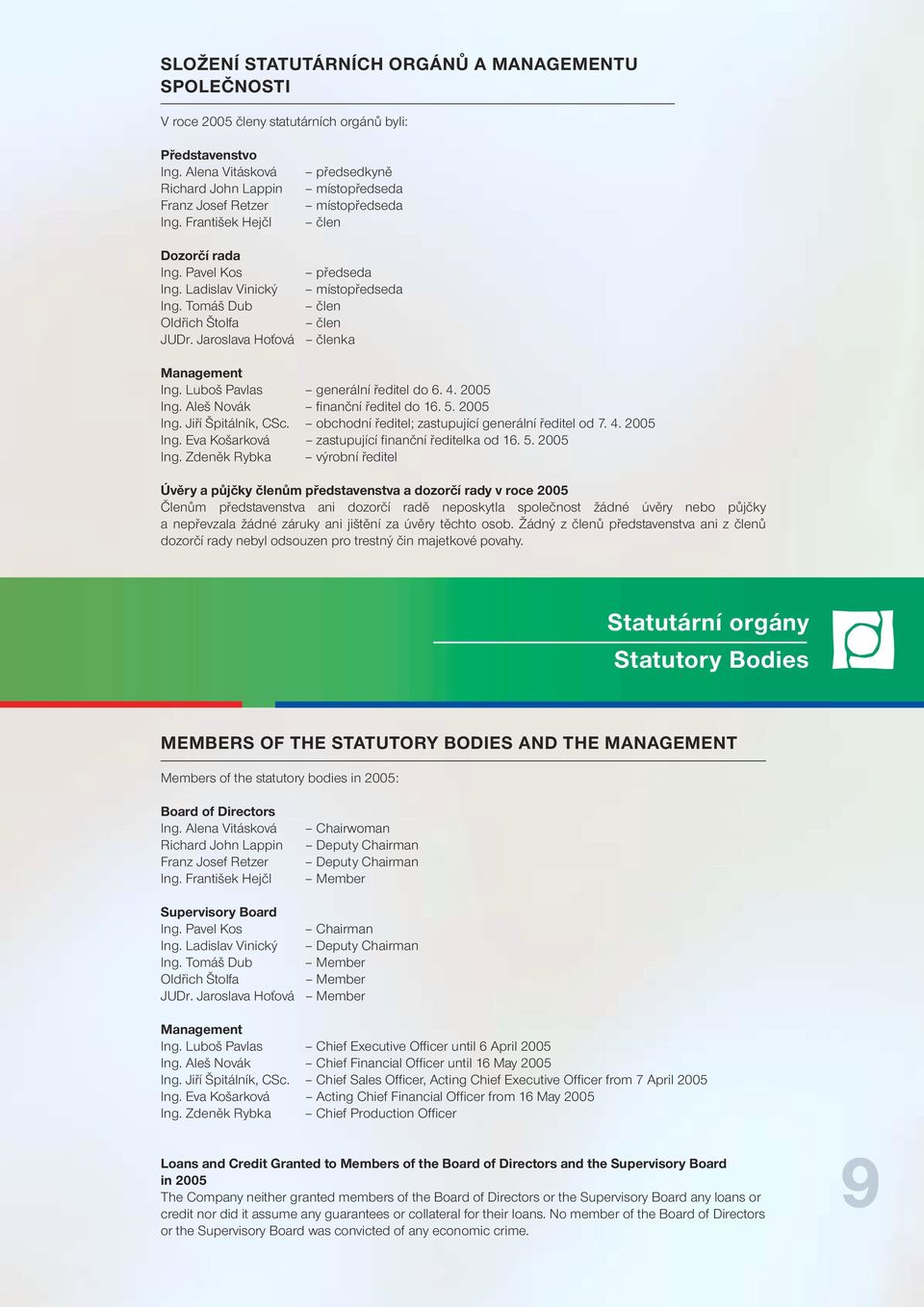 Jaroslava Hoťová členka Management Ing. Luboš Pavlas generální ředitel do 6. 4. 2005 Ing. Aleš Novák fi nanční ředitel do 16. 5. 2005 Ing. Jiří Špitálník, CSc.