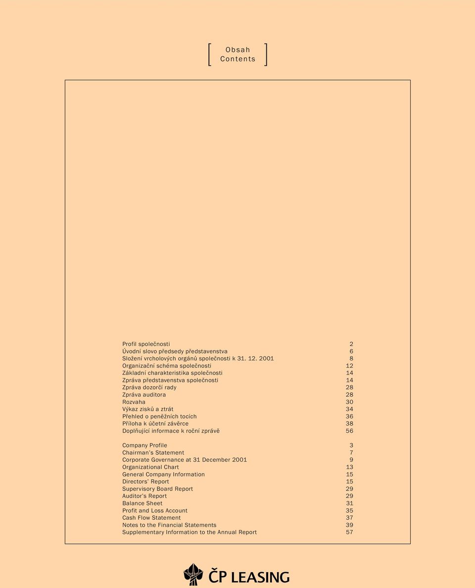 Přehled o peněžních tocích 36 Příloha k účetní závěrce 38 Doplňující informace k roční zprávě 56 Company Profile 3 Chairman s Statement 7 Corporate Governance at 31 December 2001 9