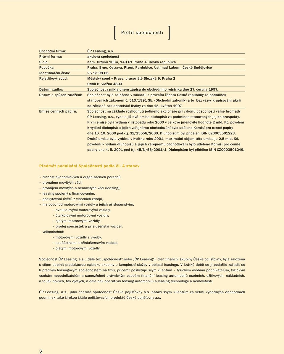 pracoviště Slezská 9, Praha 2 Oddíl B, vložka 4803 Datum vzniku: Společnost vznikla dnem zápisu do obchodního rejstříku dne 27. června 1997.