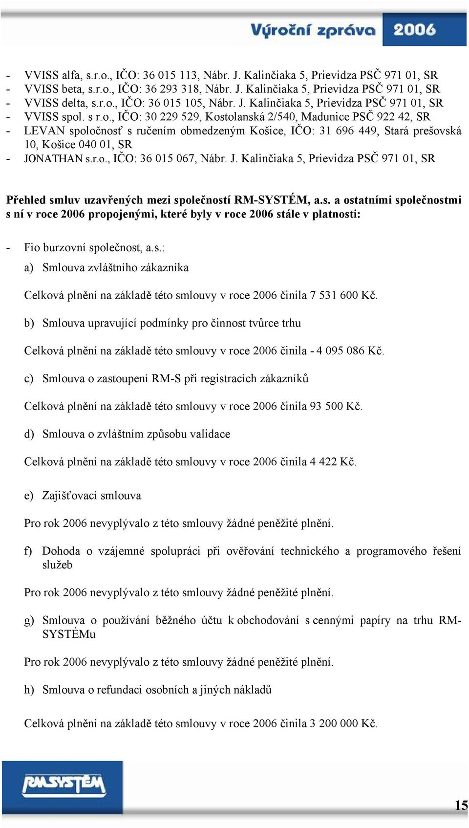 . s r.o., IČO: 30 229 529, Kostolanská 2/540, Madunice PSČ 922 42, SR - LEVAN spoločnosť s ručením obmedzeným Košice, IČO: 31 696 449, Stará prešovská 10, Košice 040 01, SR - JONATHAN s.r.o., IČO: 36 015 067, Nábr.