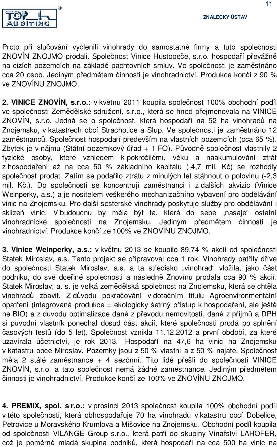 r.o., která se hned p ejmenovala na VINICE ZNOVÍN, s.r.o. Jedná se o spole nost, která hospoda í na 52 ha vinohrad na Znojemsku, v katastrech obcí Strachotice a Slup.