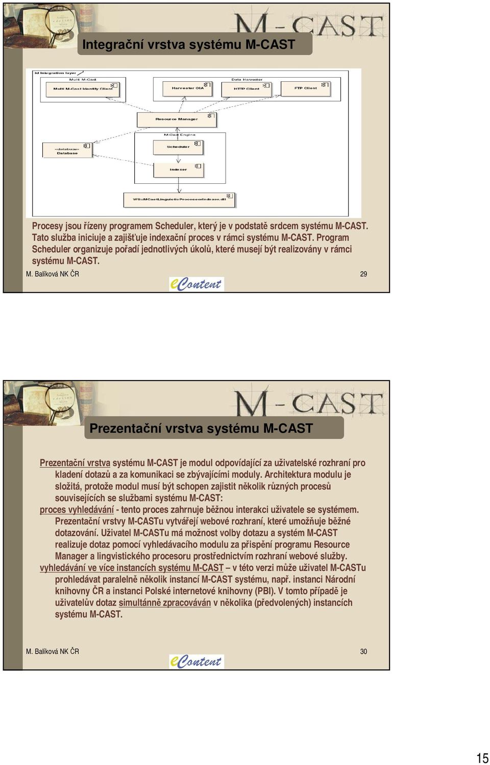 CAST. M. Balíková NK ČR 29 Prezentační vrstva systému M-CAST Prezentační vrstva systému M-CAST je modul odpovídající za uživatelské rozhraní pro kladení dotazů a za komunikaci se zbývajícími moduly.