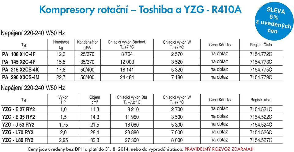 779C Napájení 220-240 V/50 Hz Typ Kompresory rotační Toshiba a YZG - R410A Výkon HP Objem cm 3 Chladicí výkon Btu T o +7,2 C Chladicí výkon W T o +7 C Cena K /1 ks YZG - E 27 RY2 1,0 11,3 8 210 2 700