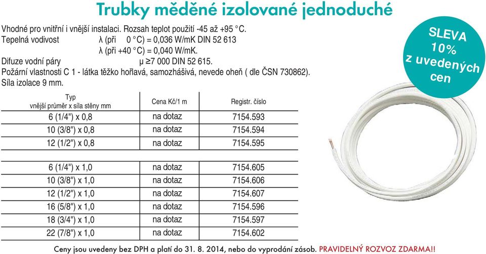 Typ vn jší pr m r x síla st ny mm Trubky měděné izolované jednoduché Cena K /1 m 6 (1/4") x 0,8 na 37,50 dotaz 7154.593 10 (3/8") x 0,8 na 60,- dotaz 7154.