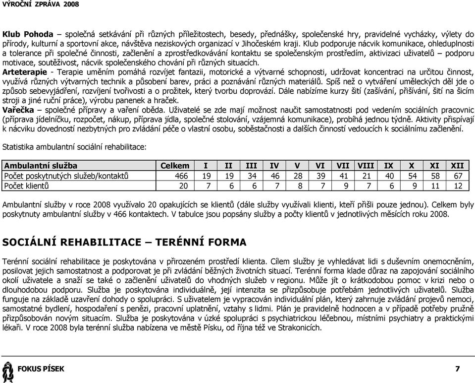 Klub podporuje nácvik komunikace, ohleduplnosti a tolerance při společné činnosti, začlenění a zprostředkovávání kontaktu se společenským prostředím, aktivizaci uživatelů podporu motivace,