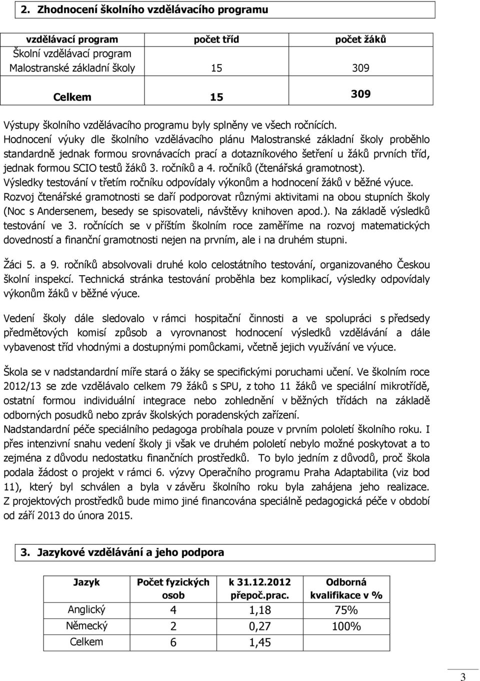 Hodnocení výuky dle školního vzdělávacího plánu Malostranské základní školy proběhlo standardně jednak formou srovnávacích prací a dotazníkového šetření u žáků prvních tříd, jednak formou SCIO testů