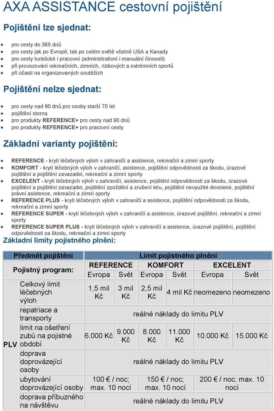 pojištění storna pro produkty pro cesty nad 90 dnů pro produkty pro pracovní cesty Základní varianty pojištění: REFERENCE - krytí léčebných výloh v zahraničí a asistence, rekreační a zimní sporty