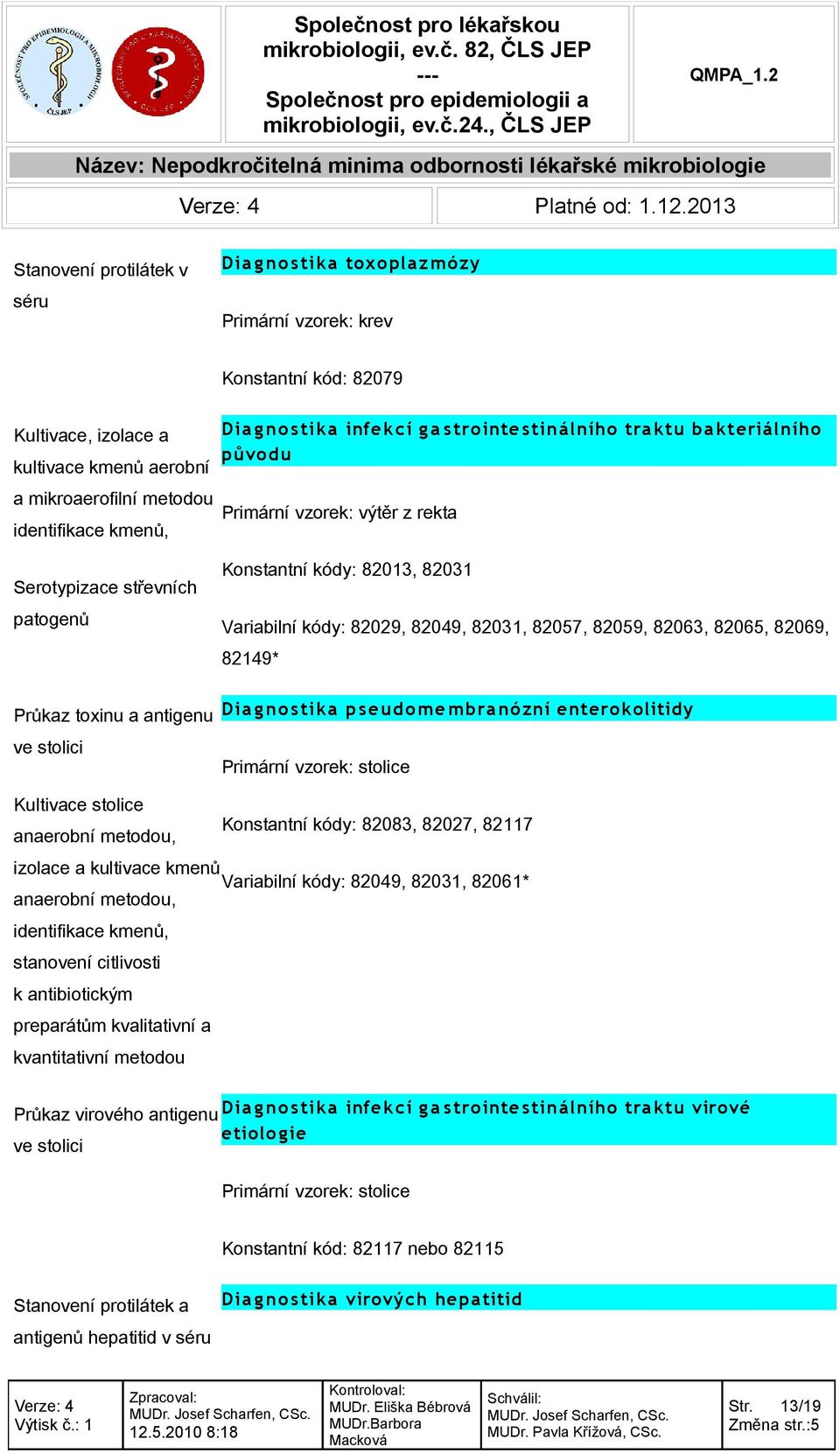 Serotypizace střevních patogenů Dia gno stika infekcí g a strointe stinálního traktu bakteriálního původu Primární vzorek: výtěr z rekta Konstantní kódy: 82013, 82031 Variabilní kódy: 82029, 82049,