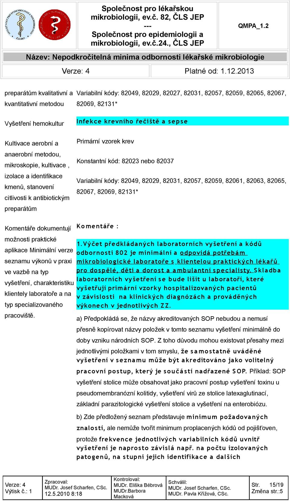 antibiotickým preparátům Variabilní kódy: 82049, 82029, 82027, 82031, 82057, 82059, 82065, 82067, 82069, 82131* Infekce krevního řečiště a s ep se Primární vzorek krev Konstantní kód: 82023 nebo