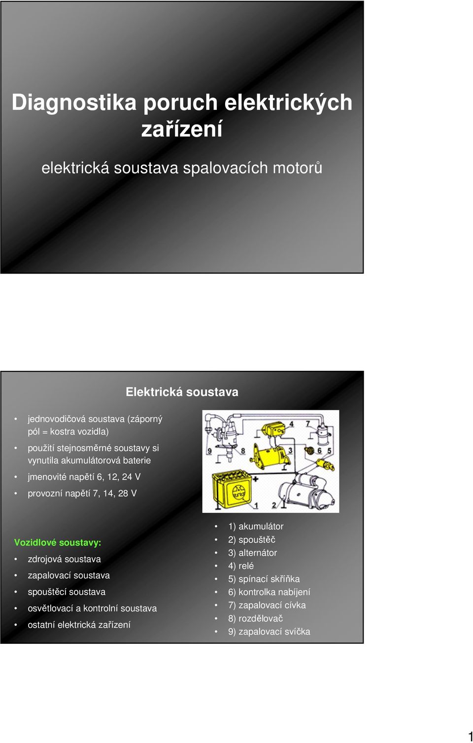 soustava Vozidlové soustavy: zdrojová soustava zapalovací soustava spouštěcí soustava osvětlovací a kontrolní soustava ostatní elektrická