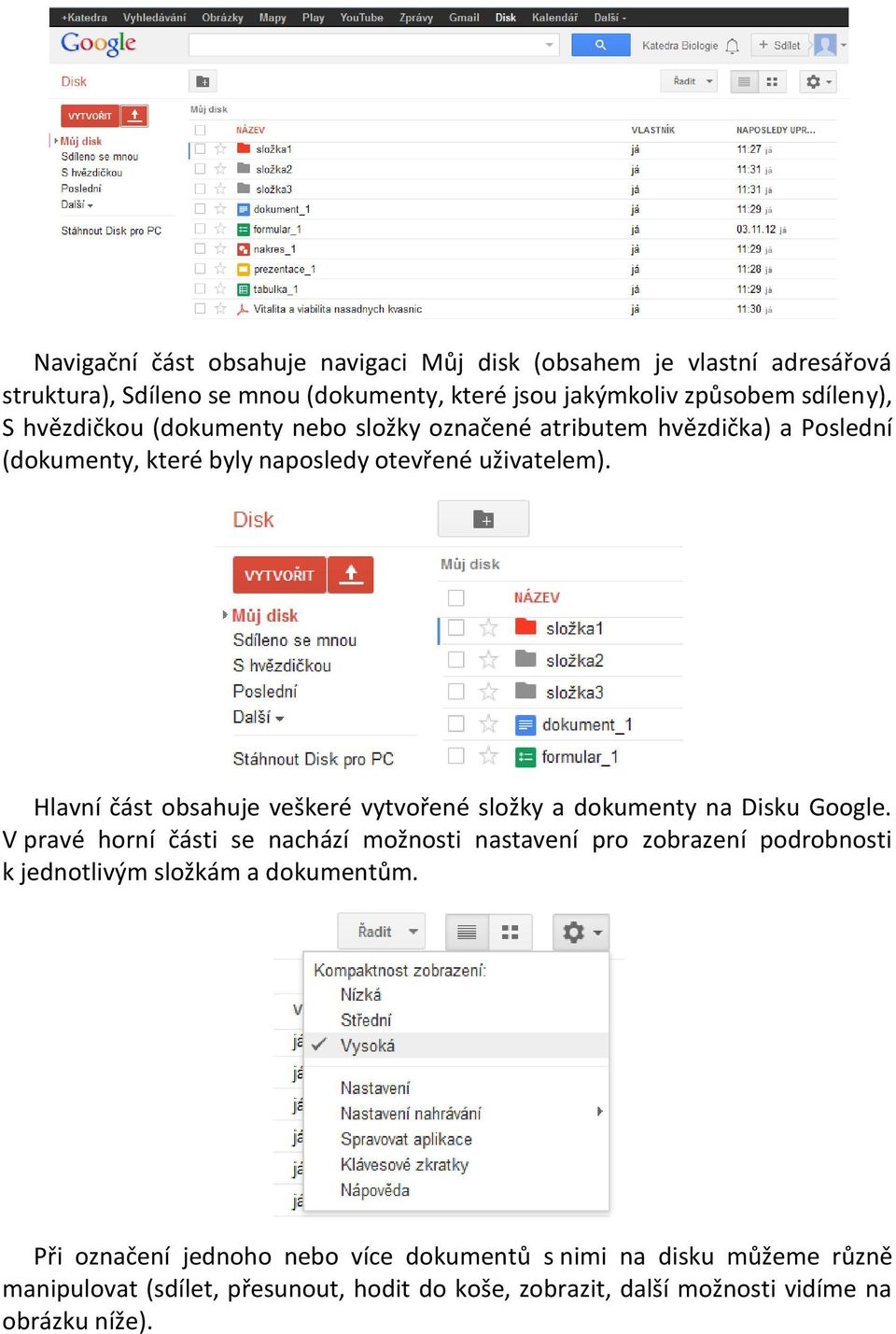 Hlavní část obsahuje veškeré vytvořené složky a dokumenty na Disku Google.