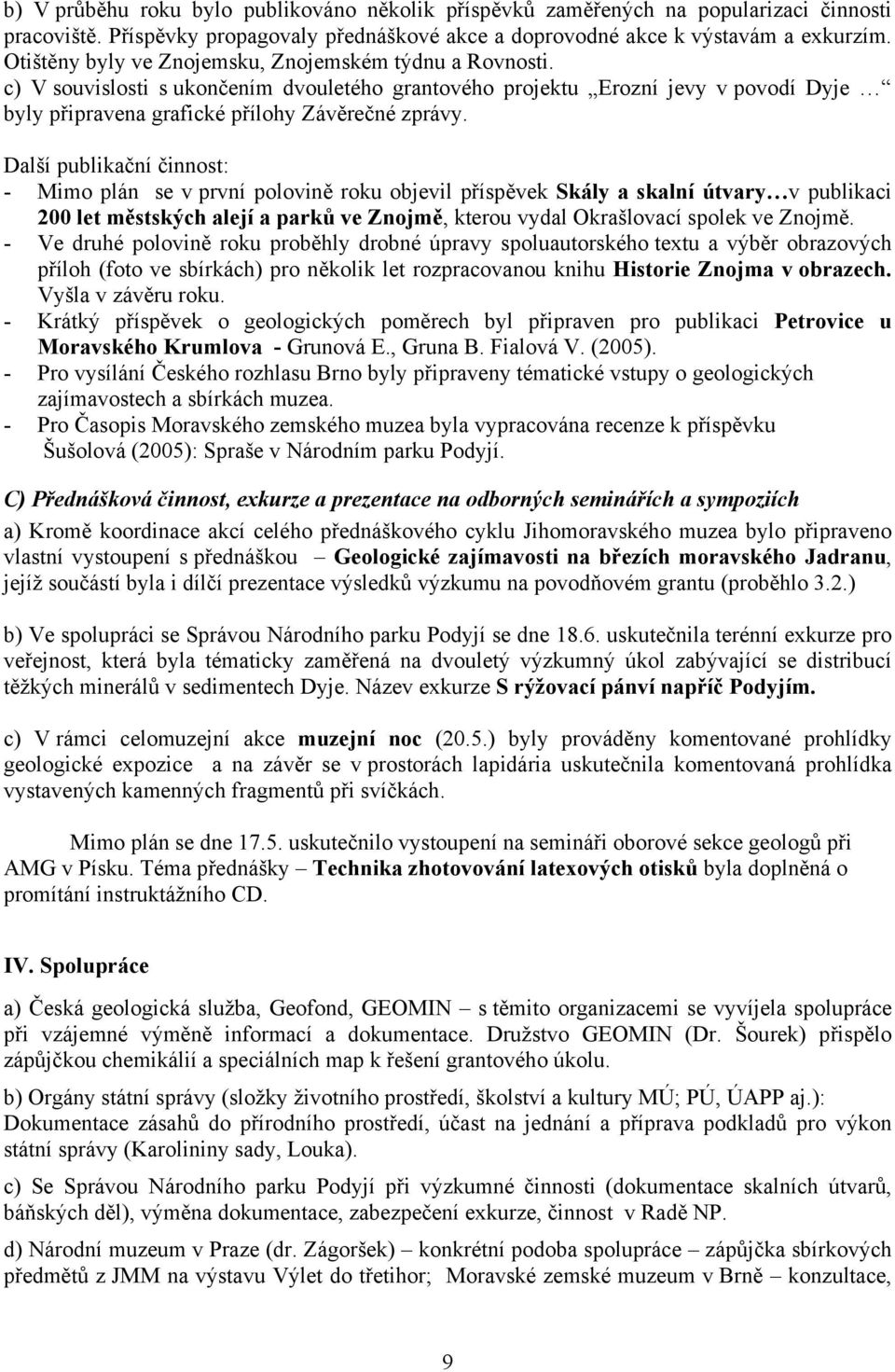 Další publikační činnost: - Mimo plán se v první polovině roku objevil příspěvek Skály a skalní útvary v publikaci 200 let městských alejí a parků ve Znojmě, kterou vydal Okrašlovací spolek ve Znojmě.