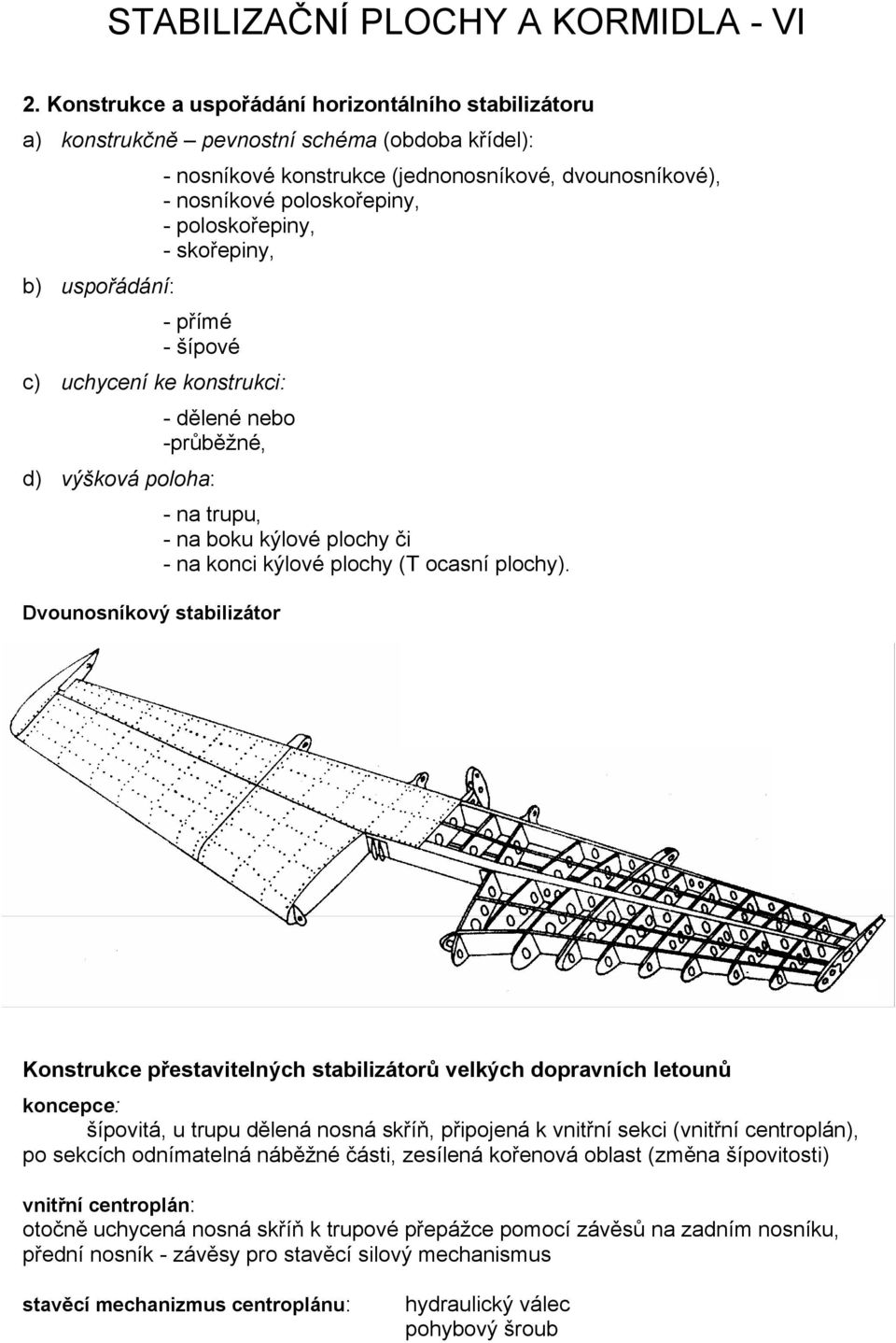 - poloskořepiny, - skořepiny, - přímé - šípové c) uchycení ke konstrukci: d) výšková poloha: - dělené nebo -průběžné, Dvounosníkový stabilizátor - na trupu, - na boku kýlové plochy či - na konci