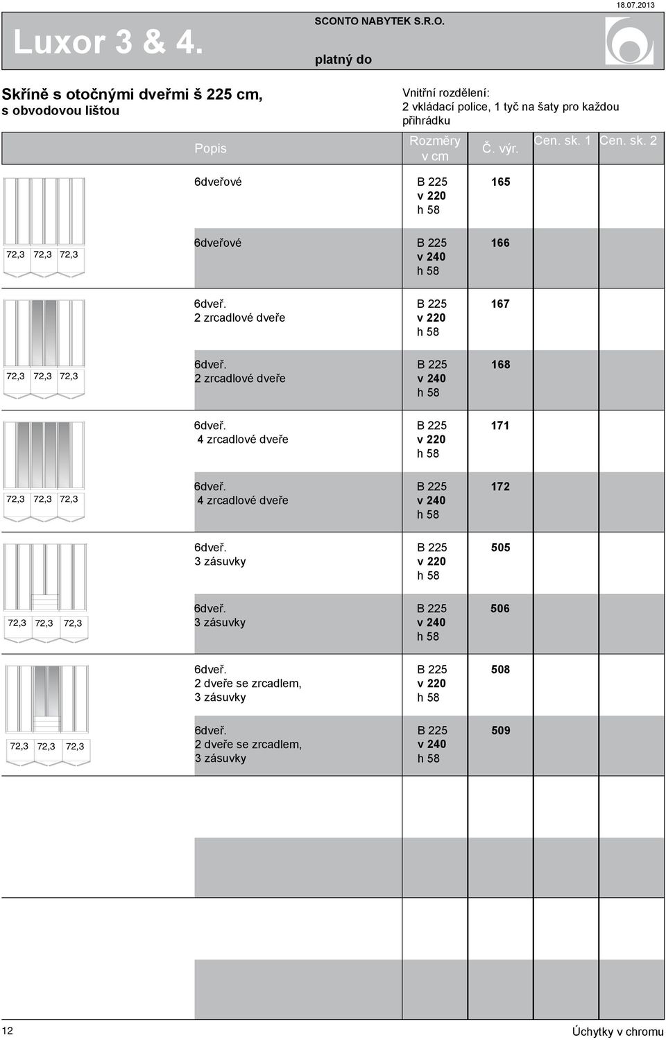 2 zrcadlové dveře B 225 v 67 72,3 72,3 72,3 6dveř. 2 zrcadlové dveře B 225 v 68 6dveř.