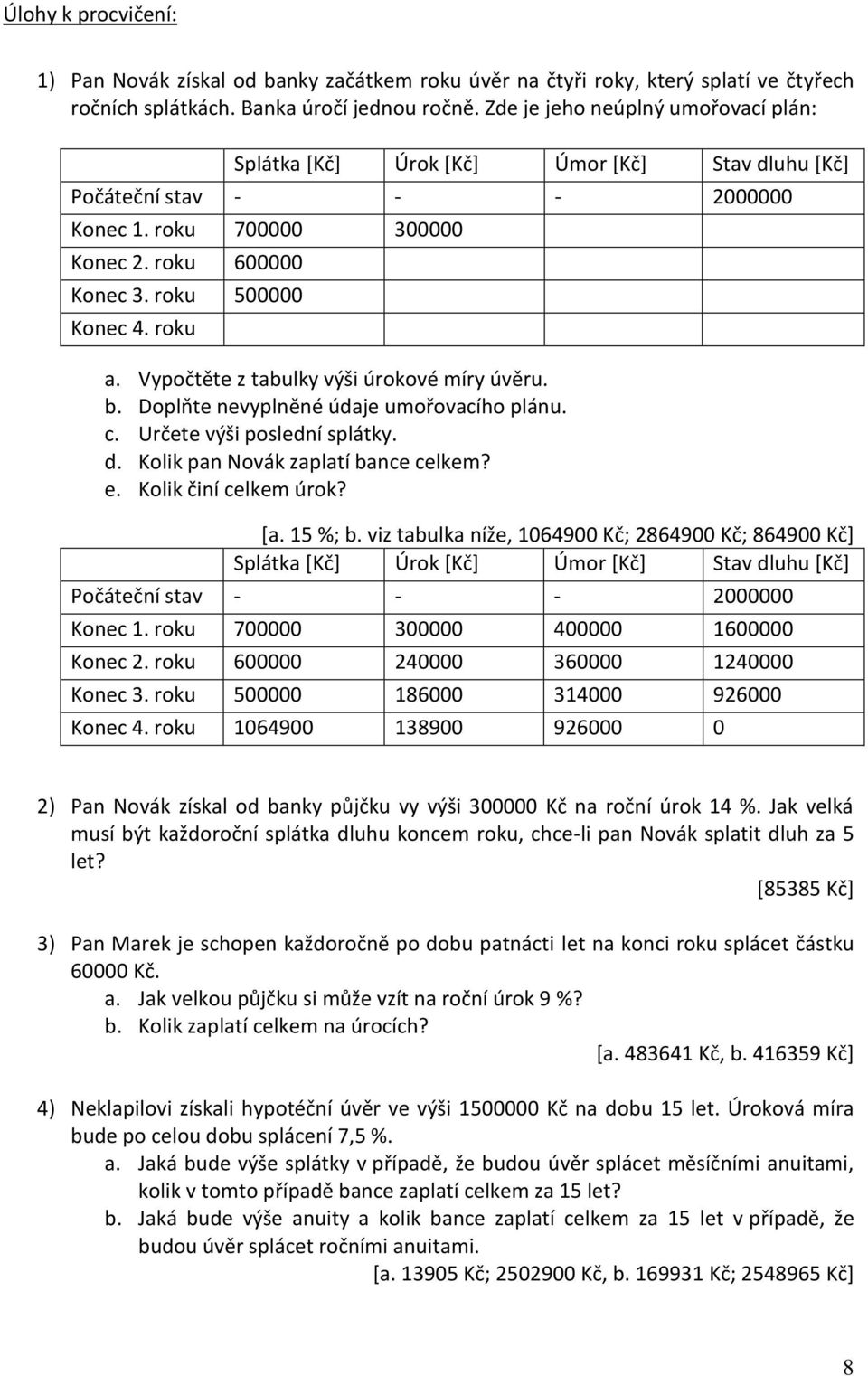 Vypočěe z abulky výši úrokové míry úvěru. b. Doplňe nevyplněné údaje umořovacího plánu. c. Určee výši poslední spláky. d. Kolik pan Novák zaplaí bance celkem? e. Kolik činí celkem úrok? [a. 15 %; b.