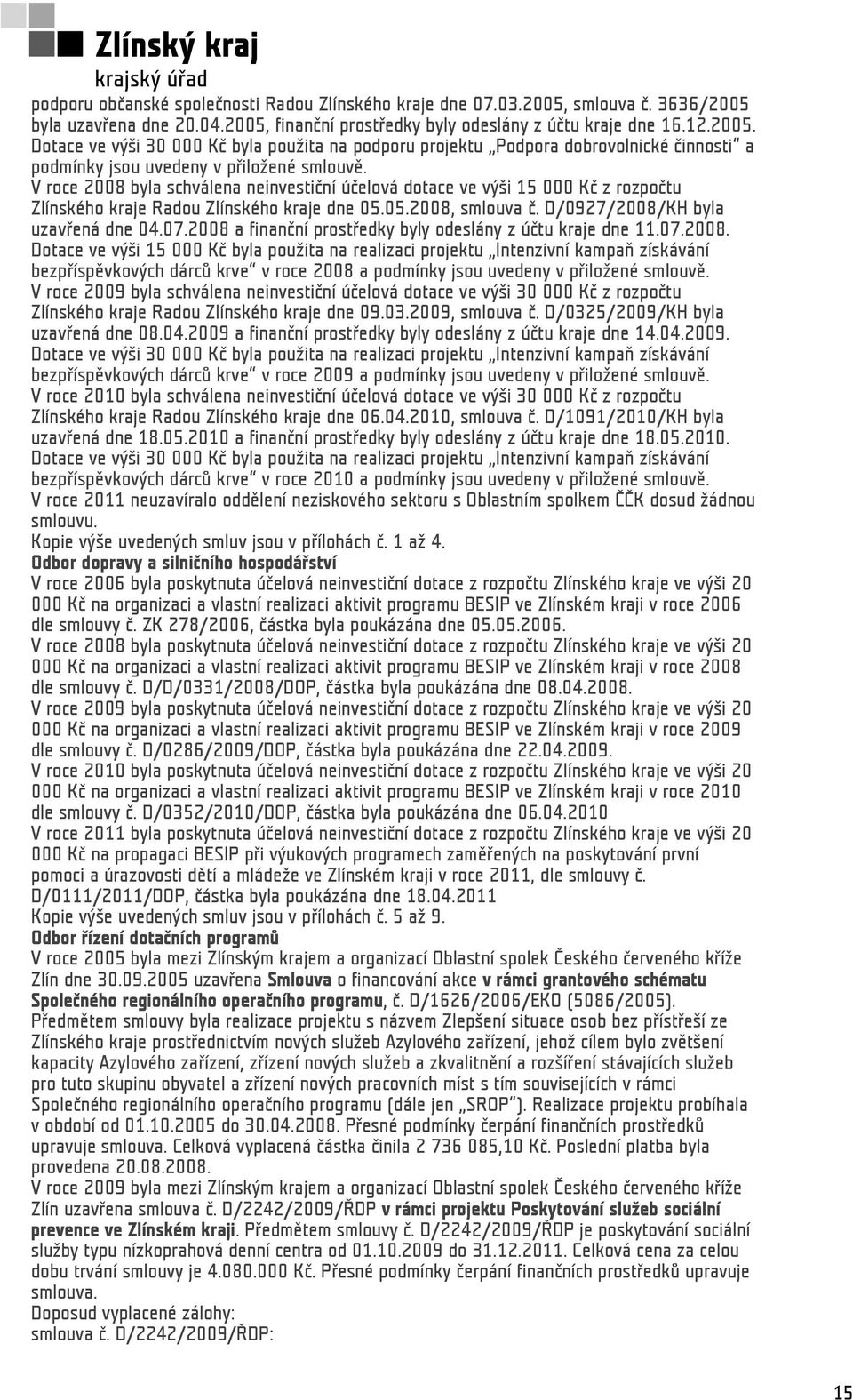 2008 a finanční prostředky byly odeslány z účtu kraje dne 11.07.2008. Dotace ve výši 15 000 Kč byla použita na realizaci projektu Intenzivní kampaň získávání bezpříspěvkových dárců krve v roce 2008 a podmínky jsou uvedeny v přiložené smlouvě.