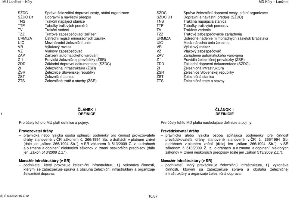 zabezpečovacie zariadenia URMIZA Ústřední registr mimořádných zásilek URMIZA Ústredné riadenie mimoriadnych zásielok Bratislava UIC Mezinárodní železniční unie UIC Medzinárodná únia železníc VR