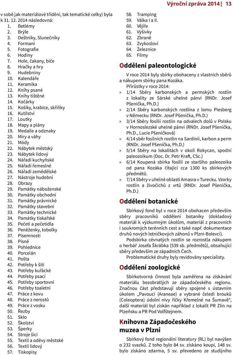 Medaile a odznaky 20. Míry a váhy 21. Módy 22. Nábytek městský 23. Nábytek lidový 24. Nářadí kuchyňské 25. Nářadí řemeslné 26. Nářadí zemědělské 27. Nástroje hudební 28. Obrazy 29.