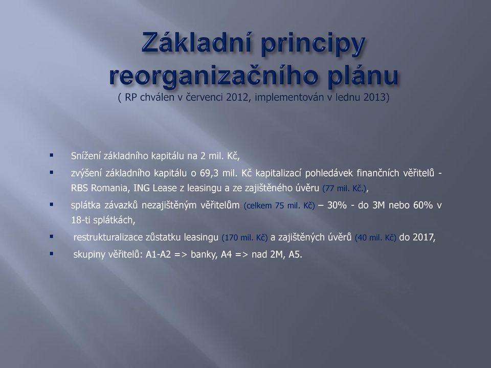 mil. Kč.), splátka závazků nezajištěným věřitelům (celkem 75 mil.