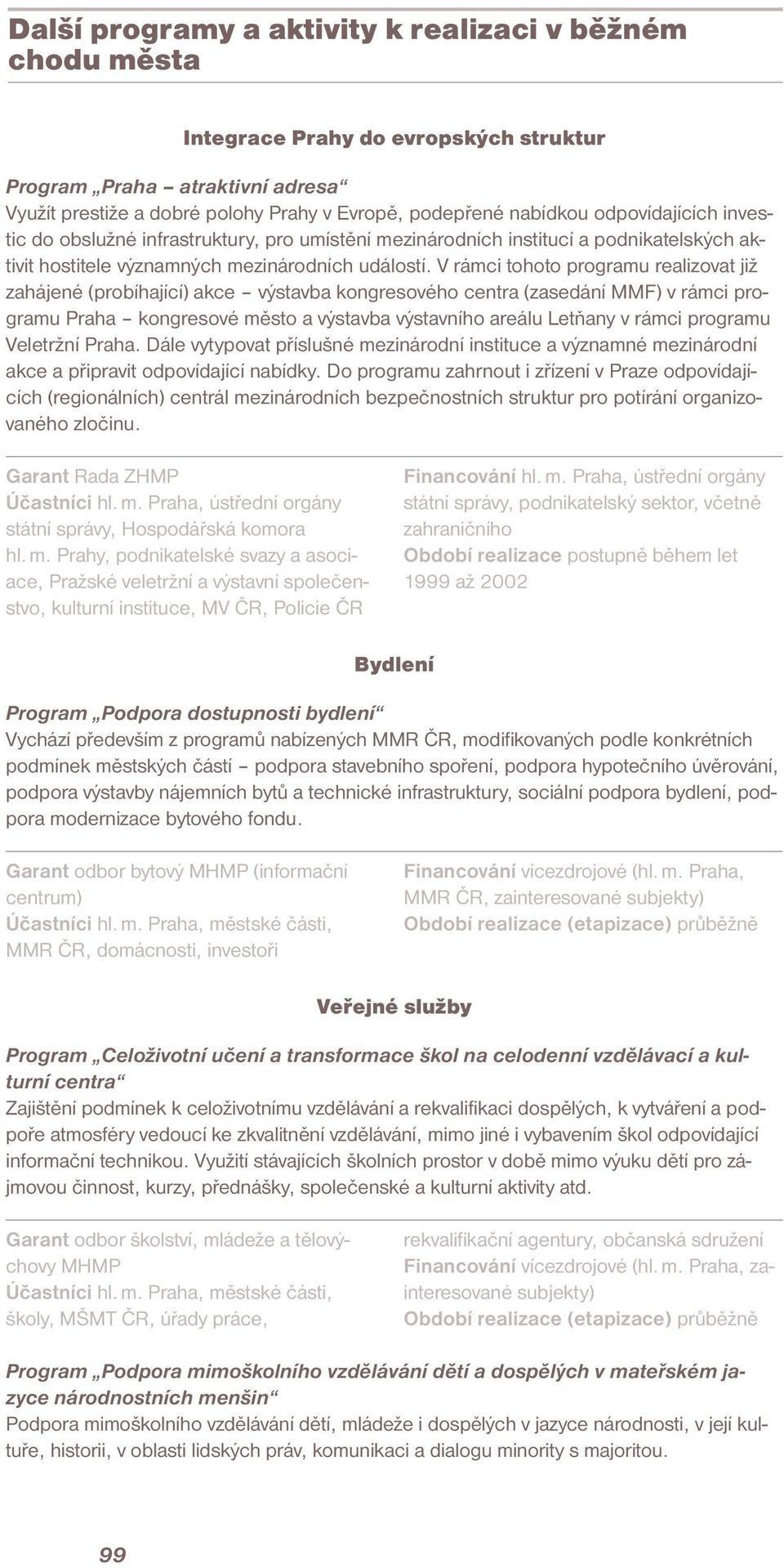 V rámci tohoto programu realizovat již zahájené (probíhající) akce výstavba kongresového centra (zasedání MMF) v rámci programu Praha kongresové město a výstavba výstavního areálu Letňany v rámci