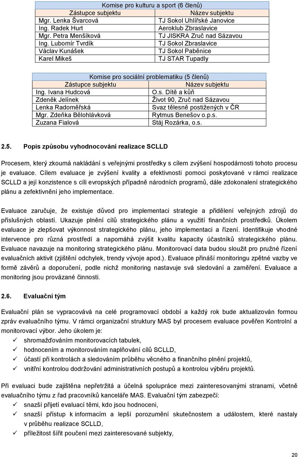 Lubomír Tvrdík TJ Sokol Zbraslavice Václav Kunášek TJ Sokol Paběnice Karel Mikeš TJ STAR Tupadly Komise pro sociální problematiku (5 členů) Zástupce subjektu Název subjektu Ing. Ivana Hudcová O.s. Dítě a kůň Zdeněk Jelínek Život 90, Zruč nad Sázavou Lenka Radoměřská Svaz tělesně postižených v ČR Mgr.