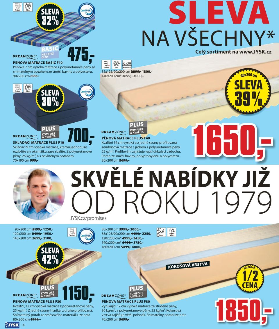 cz 80x200 cm 39% PĚNOVÁ MATRACE PLUS F40 Kvalitní 14 cm vysoká a z jedné strany profilovaná sendvičová matrace s jádrem z polyuretanové pěny, 22 g/m³. Profilování zajišťuje lepší cirkulaci vzduchu.