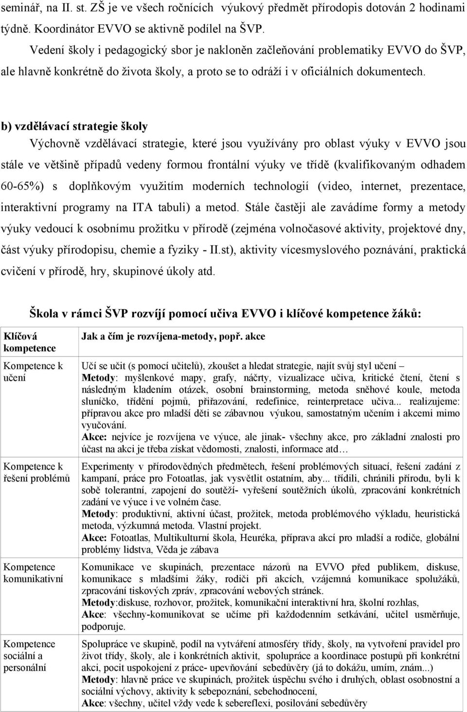 b) vzdělávací strategie školy Výchovně vzdělávací strategie, které jsou využívány pro oblast výuky v EVVO jsou stále ve většině případů vedeny formou frontální výuky ve třídě (kvalifikovaným odhadem