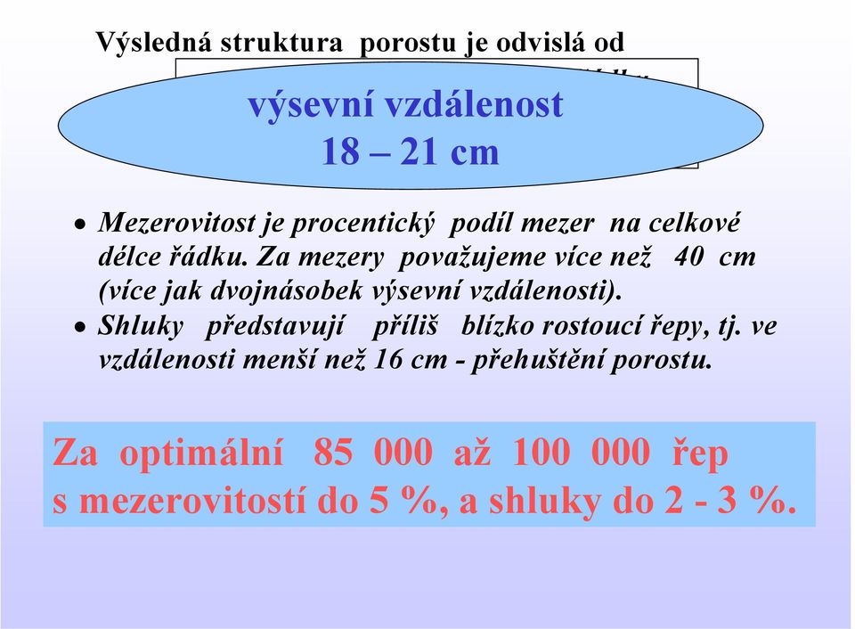 Za mezery považujeme více než 40 cm (více jak dvojnásobek výsevní vzdálenosti).