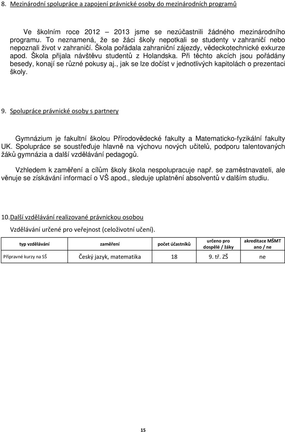 Škola přijala návštěvu studentů z Holandska. Při těchto akcích jsou pořádány besedy, konají se různé pokusy aj., jak se lze dočíst v jednotlivých kapitolách o prezentaci školy. 9.