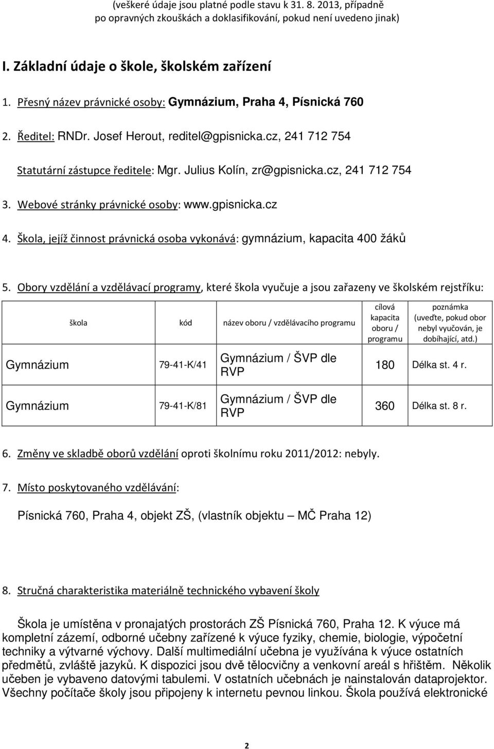 cz, 241 712 754 3. Webové stránky právnické osoby: www.gpisnicka.cz 4. Škola, jejíž činnost právnická osoba vykonává: gymnázium, kapacita 400 žáků 5.