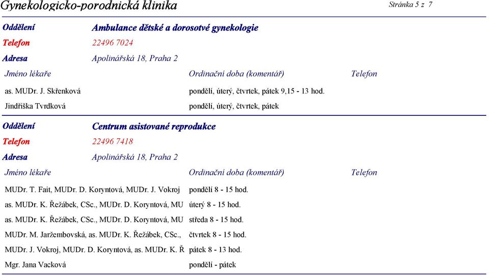 pondělí, úterý, čtvrtek, pátek Centrum asistované reprodukce Telefon 22496 7418 MUDr. T. Fait, MUDr. D. Koryntová, MUDr. J. Vokroj pondělí 8-15 hod. as. MUDr. K. Řežábek, CSc.