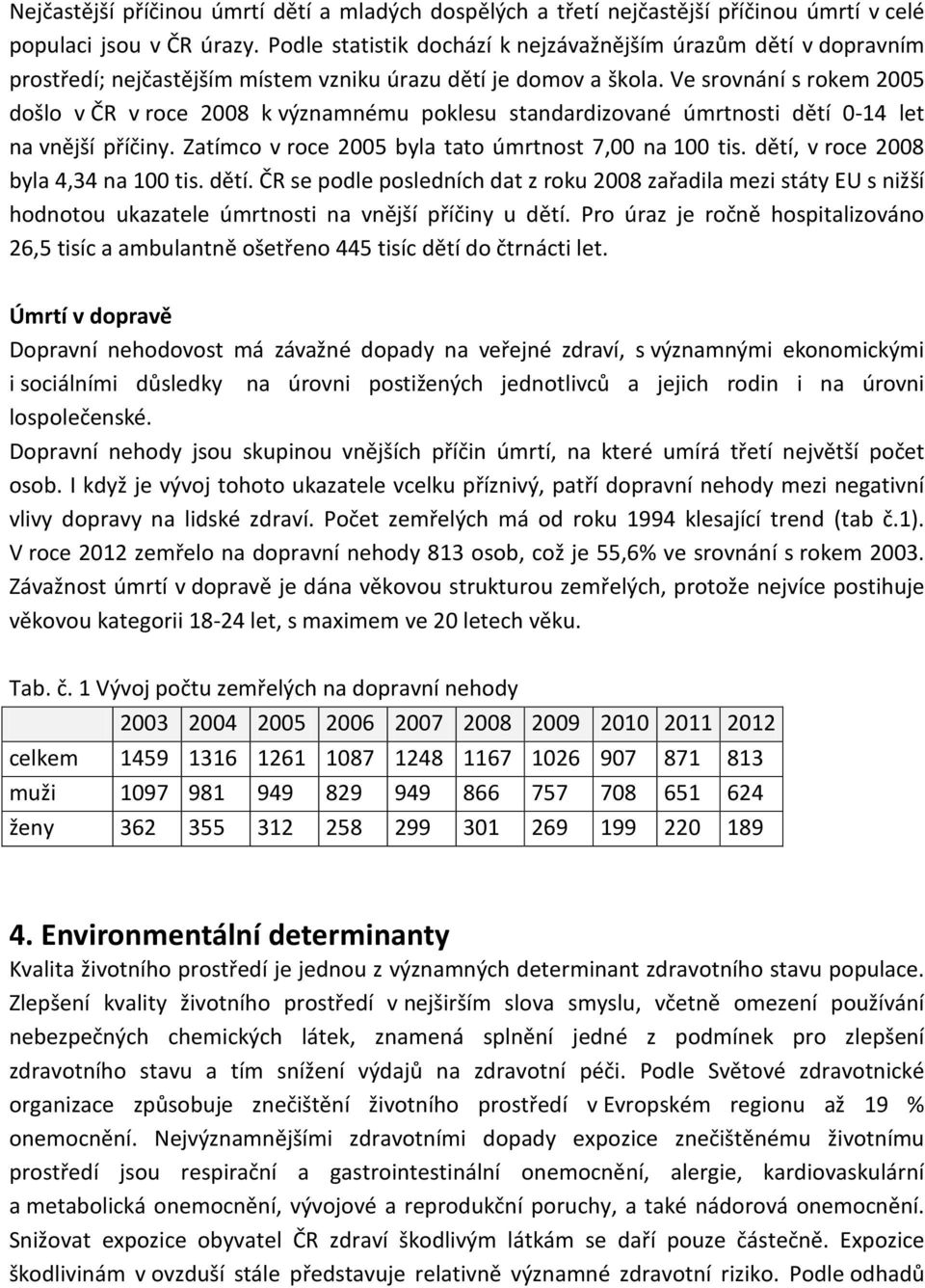 Ve srovnání s rokem 2005 došlo v ČR v roce 2008 k významnému poklesu standardizované úmrtnosti dětí 0-14 let na vnější příčiny. Zatímco v roce 2005 byla tato úmrtnost 7,00 na 100 tis.