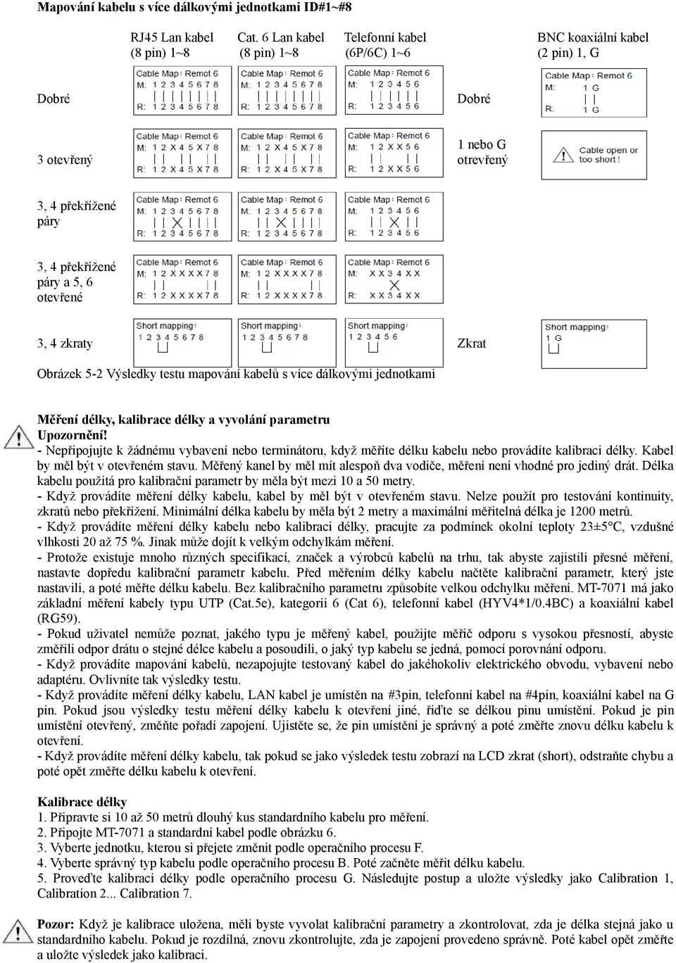 4 zkraty Zkrat Obrázek 5-2 Výsledky testu mapování kabelů s více dálkovými jednotkami Měření délky, kalibrace délky a vyvolání parametru Upozornění!